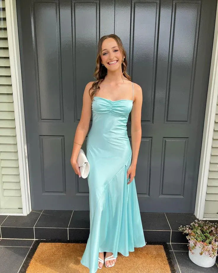 Sheath Strapless Blue Maxi Dress Satin Wedding Guest Dress with Slit