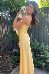 Sheath Strapless Yellow Maxi Dress Satin Wedding Guest Dress with Slit