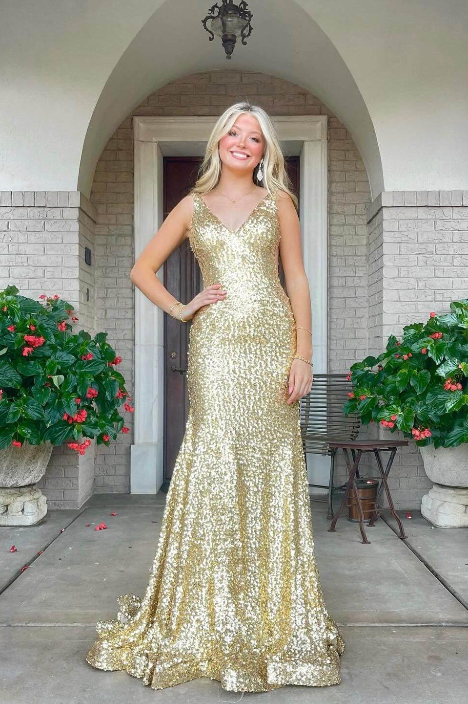 Shiny Gold Sequin Mermaid Prom Gown V-neckline Long Evening Dresses