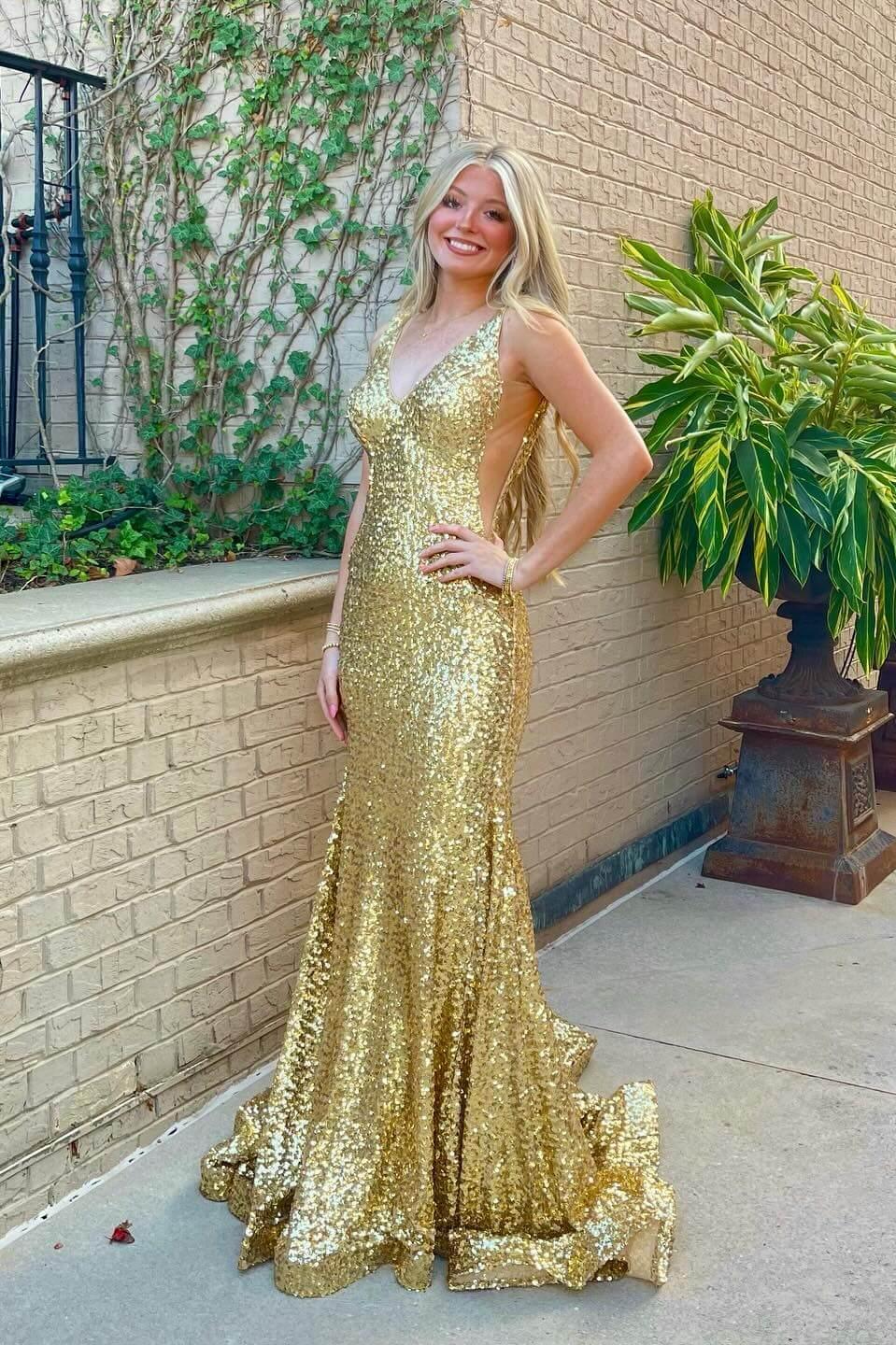 Shiny Gold Sequin Mermaid Prom Gown V-neckline Long Evening Dresses