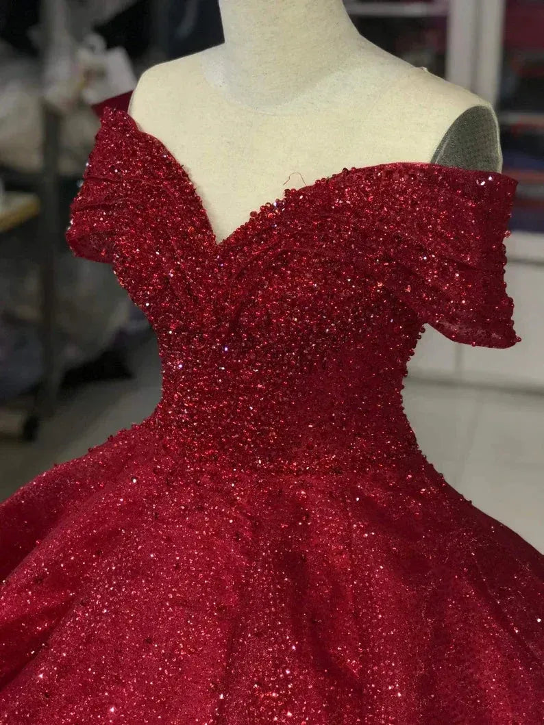 Shiny Red Ball Gown Quinceanera Dresses Off Shoulder Beaded Sweet 16 Dress