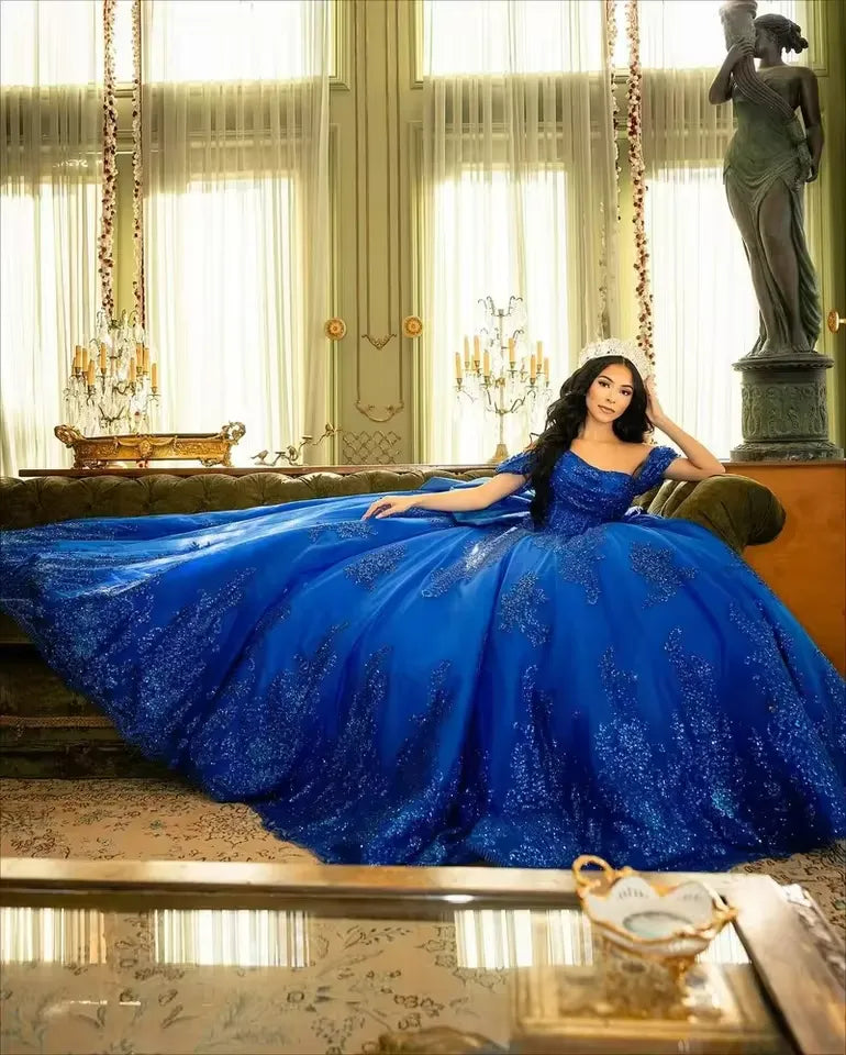 Shiny Royal Blue Off-Shoulder Quinceanera Dress Lace Applique With Bow