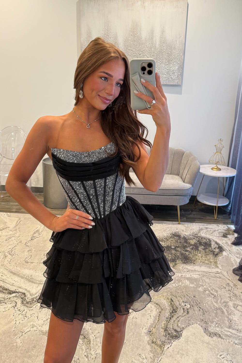 Shiny Short Corset black Homecoming Dress Beaded A-line Ruffle