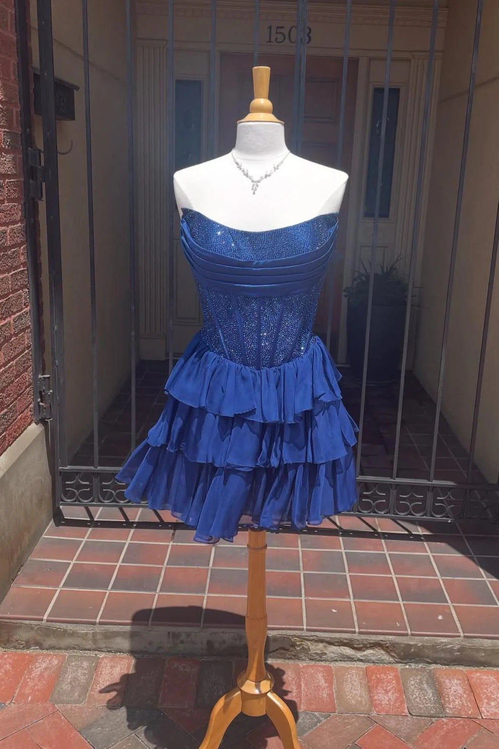 Shiny Short Corset navy blue Homecoming Dress Beaded A-line Ruffle