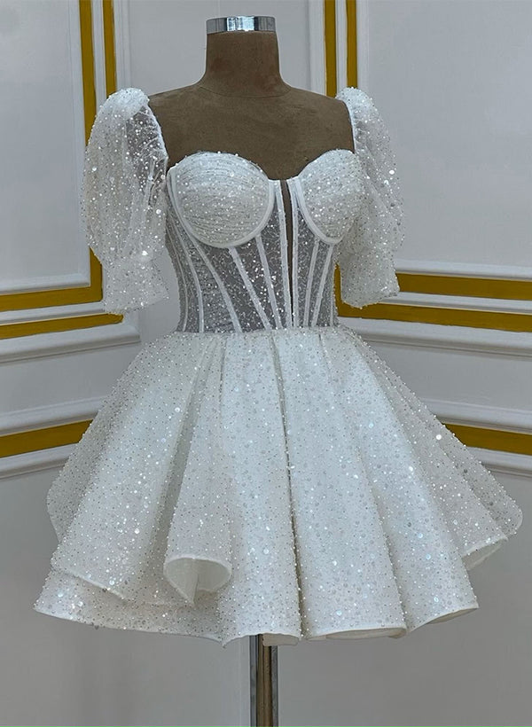 Shiny White Sequined Hoco Dresses Corset Sweetheart Short Sleeves Mychicdress