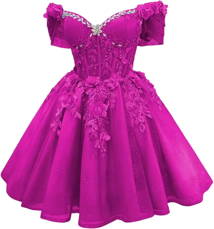 Short Off Shoulder DAMA Dresses Purple Tulle Homecoming Dresses 3D Floral Lace