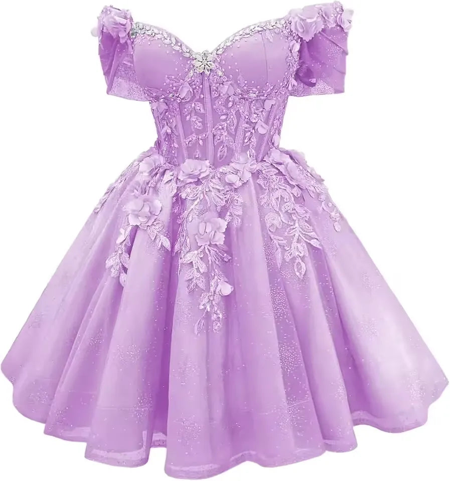Short Off Shoulder DAMA Dresses Purple Tulle Homecoming Dresses 3D Floral Lace