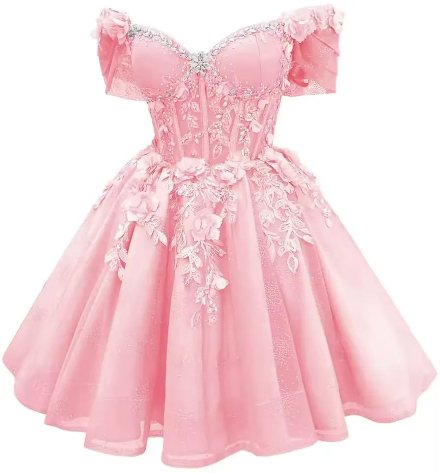 Short Off Shoulder DAMA Dresses Purple Tulle Homecoming Dresses 3D Floral Lace