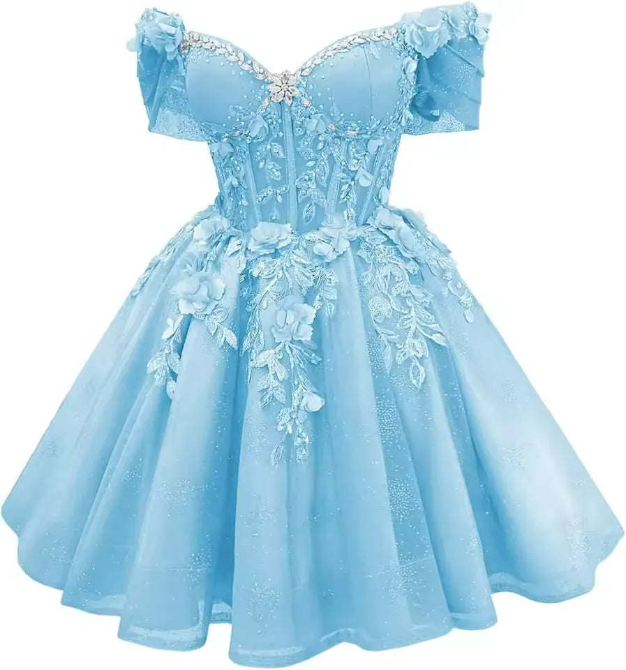 Short Off Shoulder DAMA Dresses Purple Tulle Homecoming Dresses 3D Floral Lace