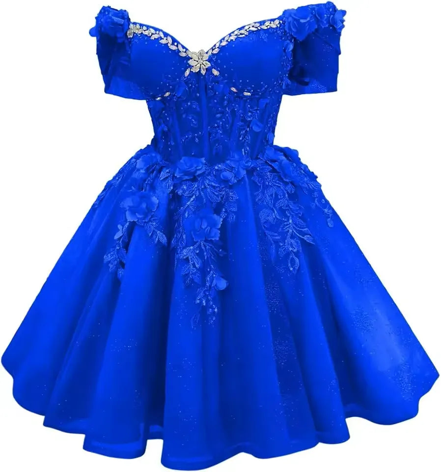 Short Off Shoulder DAMA Dresses Purple Tulle Homecoming Dresses 3D Floral Lace