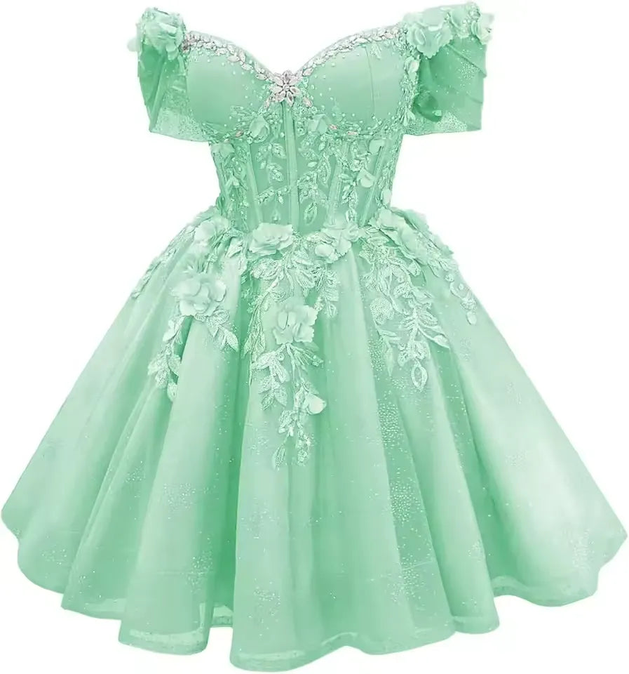 Short Off Shoulder DAMA Dresses Purple Tulle Homecoming Dresses 3D Floral Lace