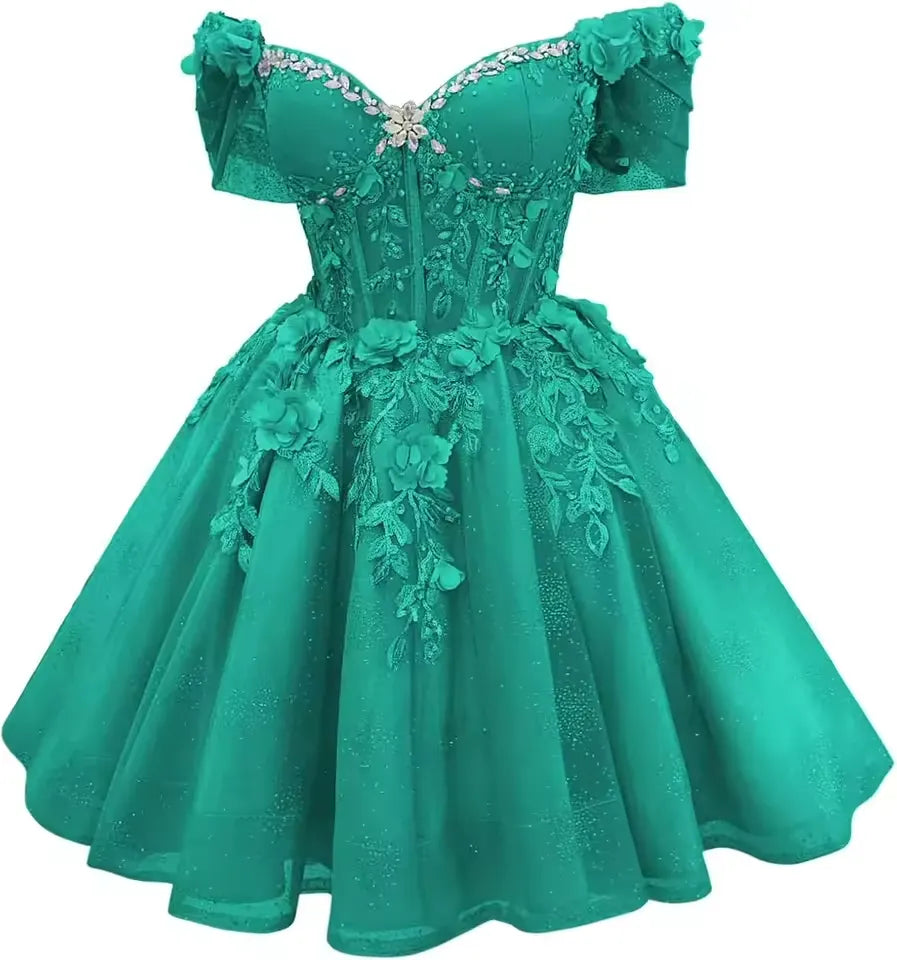 Short Off Shoulder DAMA Dresses Purple Tulle Homecoming Dresses 3D Floral Lace