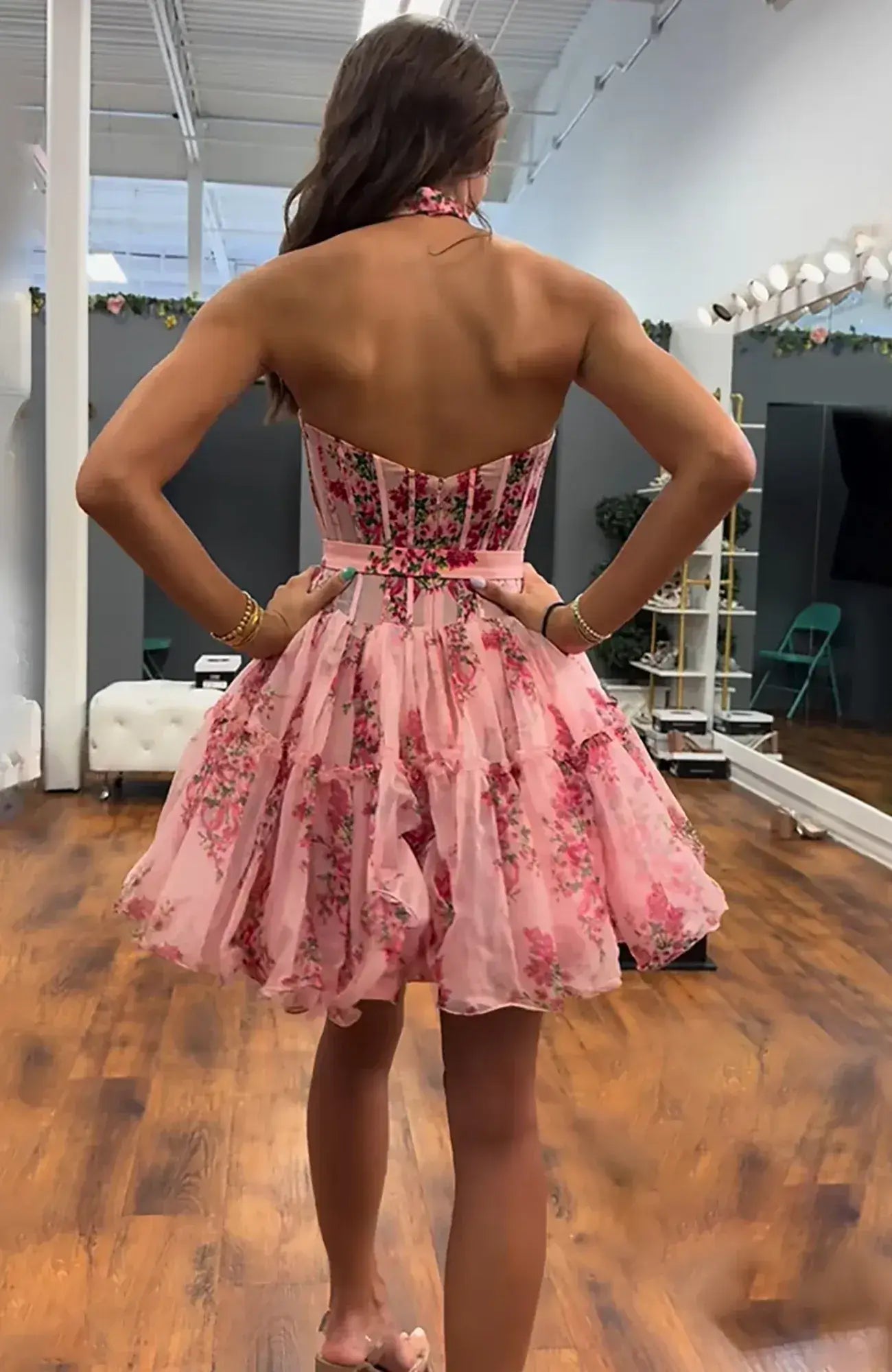 Short Corset Pink Homecoming Dress Floral Strapless A Line with Ruffles