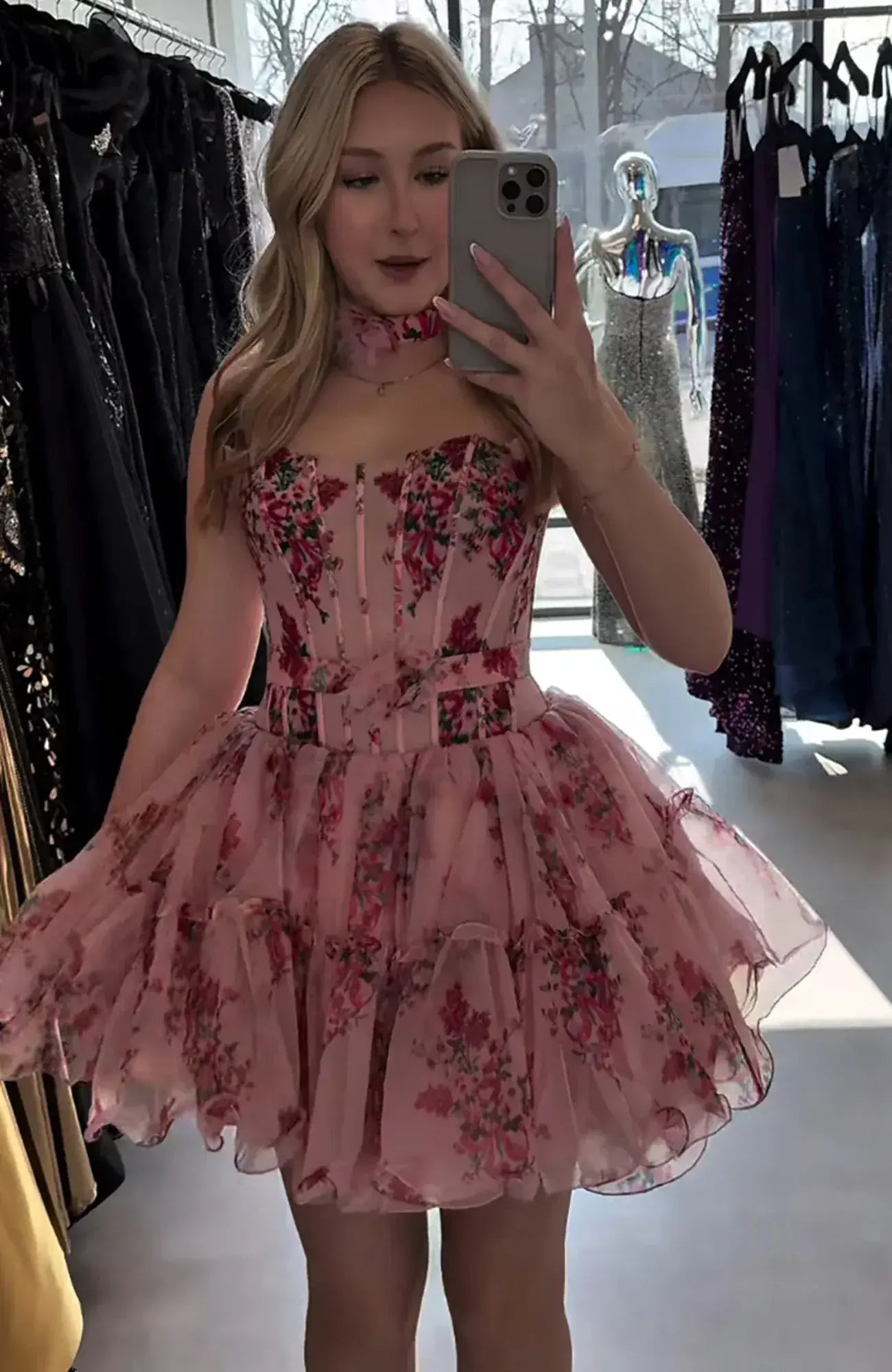 Short Corset Pink Homecoming Dress Floral Strapless A Line with Ruffles