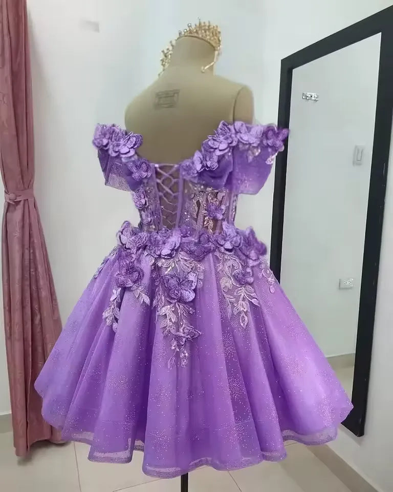 Short Off Shoulder DAMA Dresses Purple Tulle Homecoming Dresses 3D Floral Lace