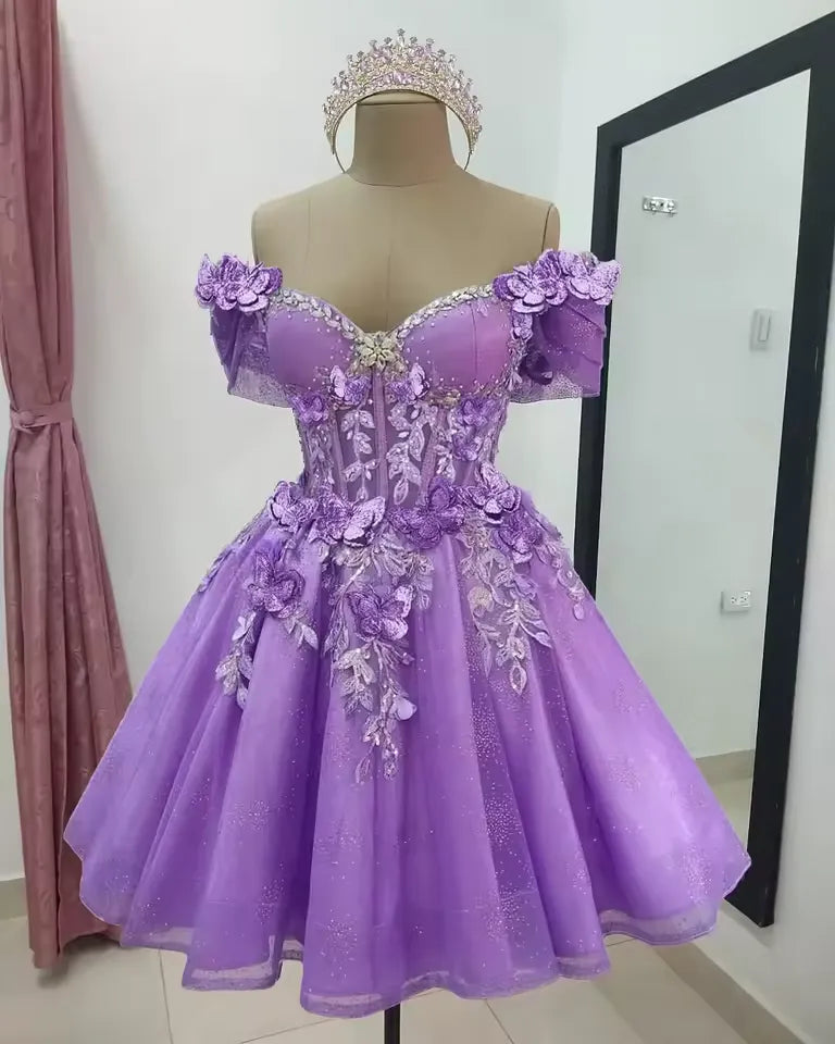 Short Off Shoulder DAMA Dresses Purple Tulle Homecoming Dresses 3D Floral Lace