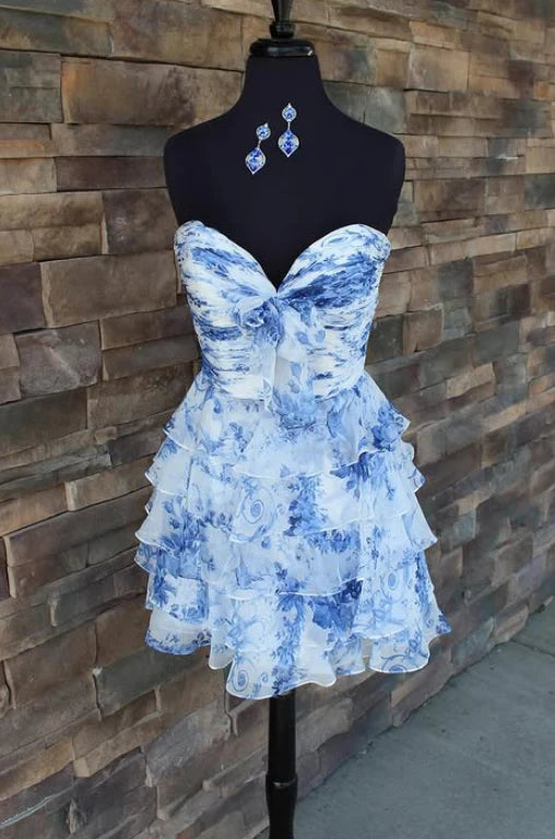A-line Floral Homecoming Dress Blue Chiffon with Bow