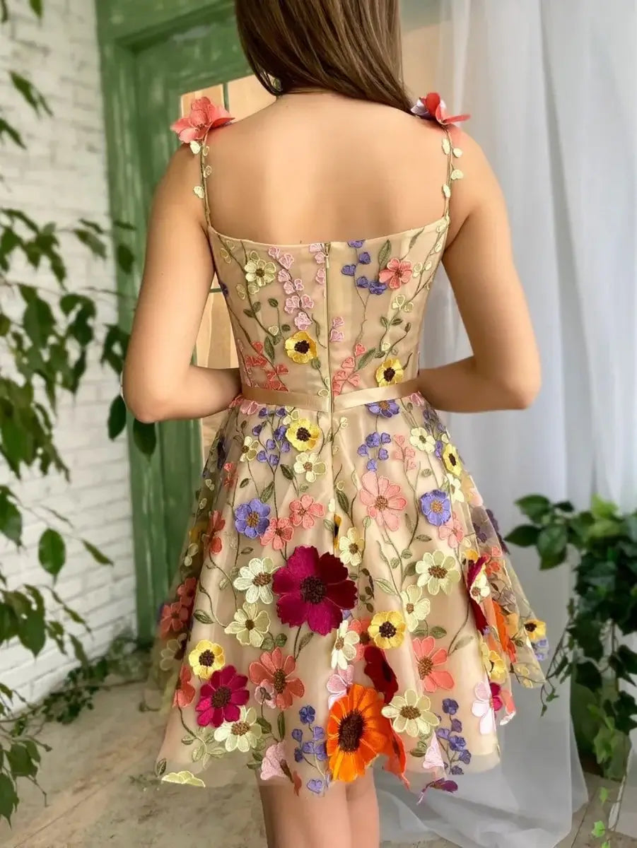 Short Floral Homecoming Dress 3D Flowers Square Neck