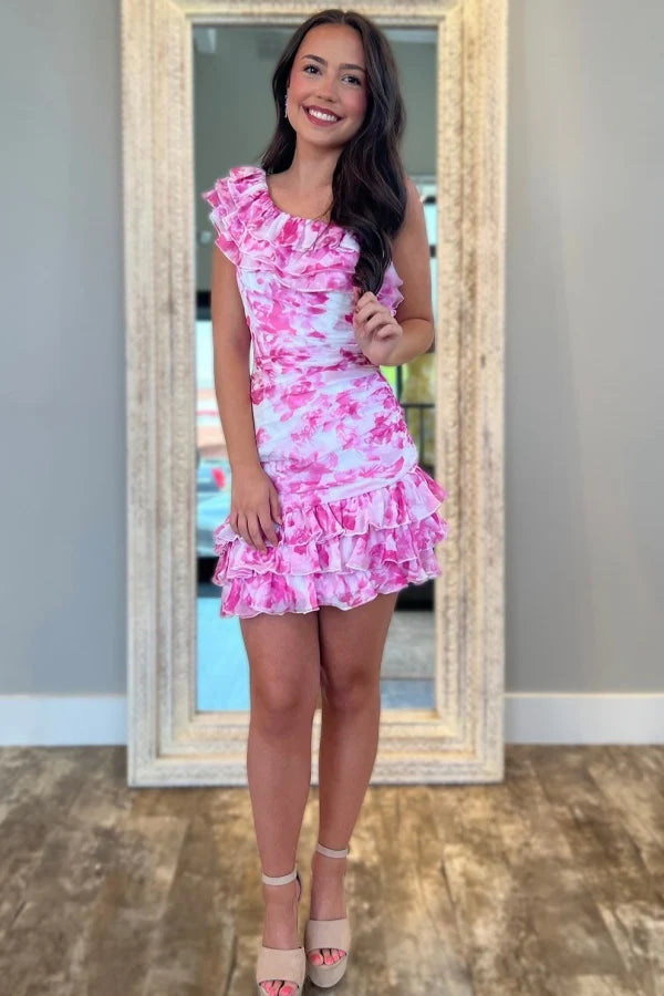 Short Floral One Shoulder Homecoming Dress Pink Printed