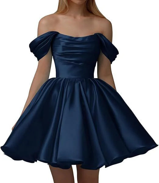 Vestido de satén de corte A para adolescentes, vestido de cóctel corto con hombros descubiertos