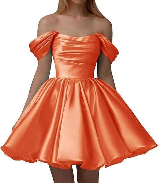 Vestido de satén de corte A para adolescentes, vestido de cóctel corto con hombros descubiertos