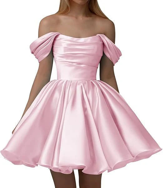 Vestido de satén de corte A para adolescentes, vestido de cóctel corto con hombros descubiertos