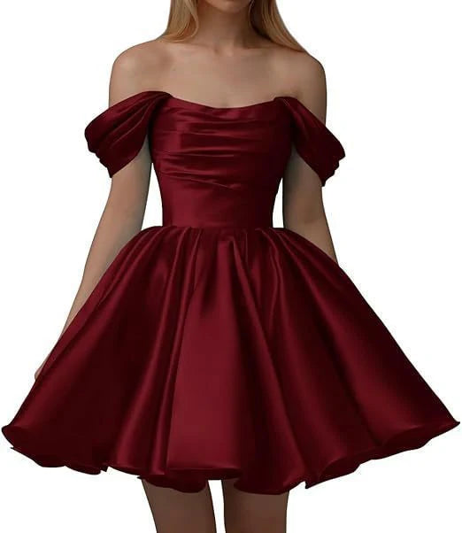 Vestido de satén de corte A para adolescentes, vestido de cóctel corto con hombros descubiertos