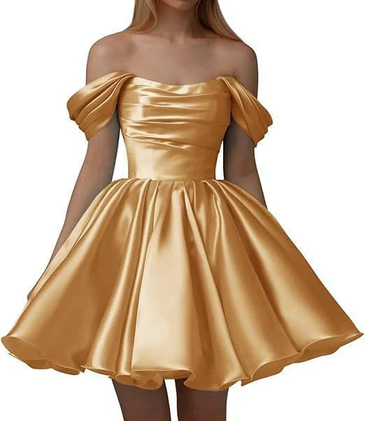 Vestido de satén de corte A para adolescentes, vestido de cóctel corto con hombros descubiertos