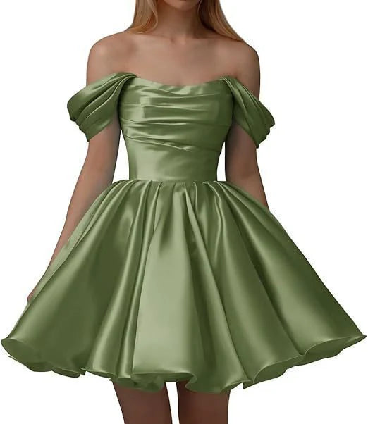 Vestido de satén de corte A para adolescentes, vestido de cóctel corto con hombros descubiertos