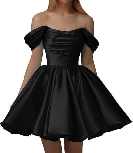 Vestido de satén de corte A para adolescentes, vestido de cóctel corto con hombros descubiertos