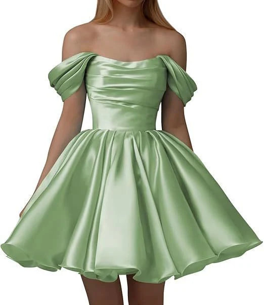 Vestido de satén de corte A para adolescentes, vestido de cóctel corto con hombros descubiertos