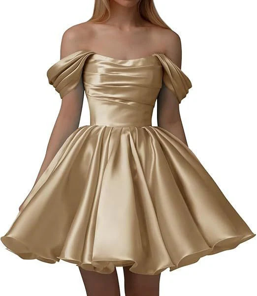 Vestido de satén de corte A para adolescentes, vestido de cóctel corto con hombros descubiertos