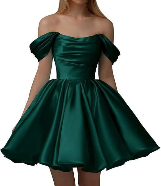 Vestido de satén de corte A para adolescentes, vestido de cóctel corto con hombros descubiertos