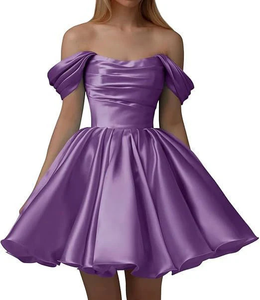 Vestido de satén de corte A para adolescentes, vestido de cóctel corto con hombros descubiertos