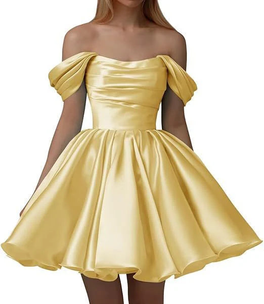 Vestido de satén de corte A para adolescentes, vestido de cóctel corto con hombros descubiertos