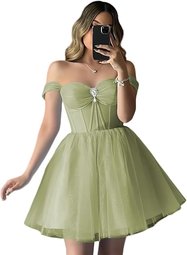 Short Champagne Hoco Dresses for Teens Tulle Off Shoulder Dama Dress