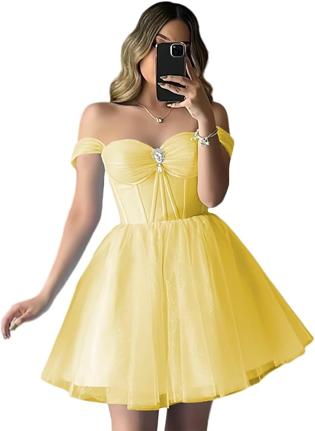 Short Champagne Hoco Dresses for Teens Tulle Off Shoulder Dama Dress