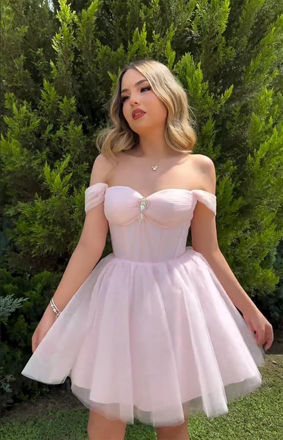 Short Champagne Hoco Dresses for Teens Tulle Off Shoulder Dama Dress