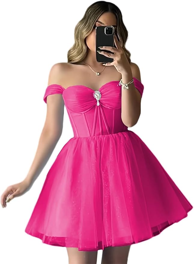 Short Champagne Hoco Dresses for Teens Tulle Off Shoulder Dama Dress