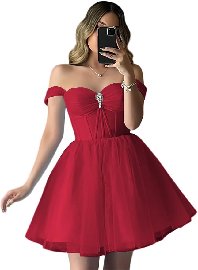 Short Champagne Hoco Dresses for Teens Tulle Off Shoulder Dama Dress