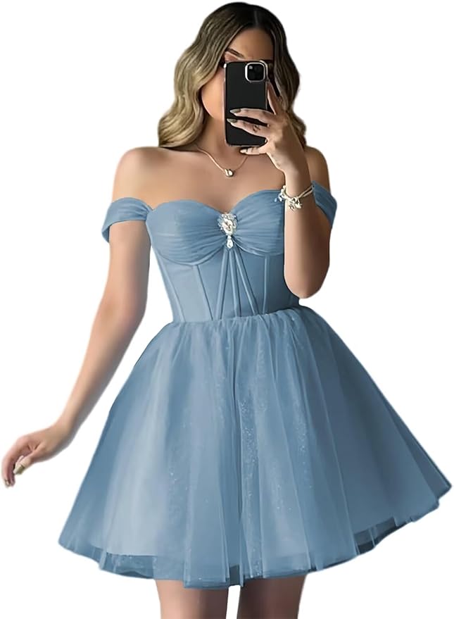 Short Champagne Hoco Dresses for Teens Tulle Off Shoulder Dama Dress
