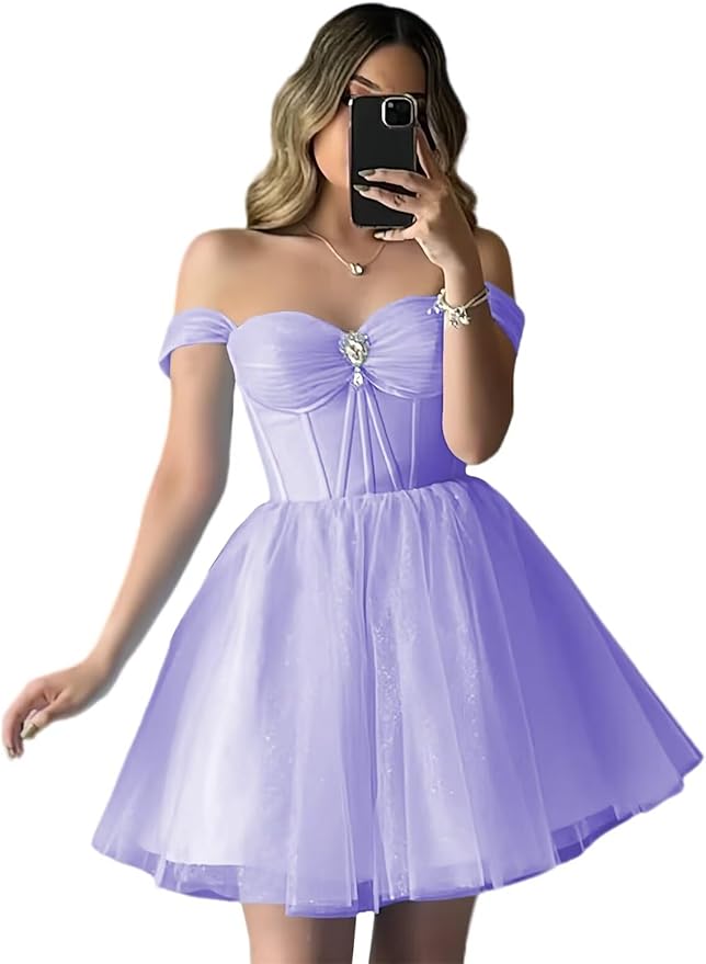 Short Champagne Hoco Dresses for Teens Tulle Off Shoulder Dama Dress