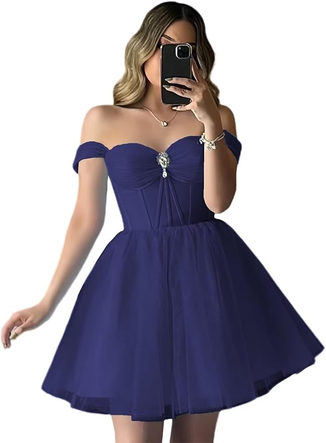 Short Champagne Hoco Dresses for Teens Tulle Off Shoulder Dama Dress