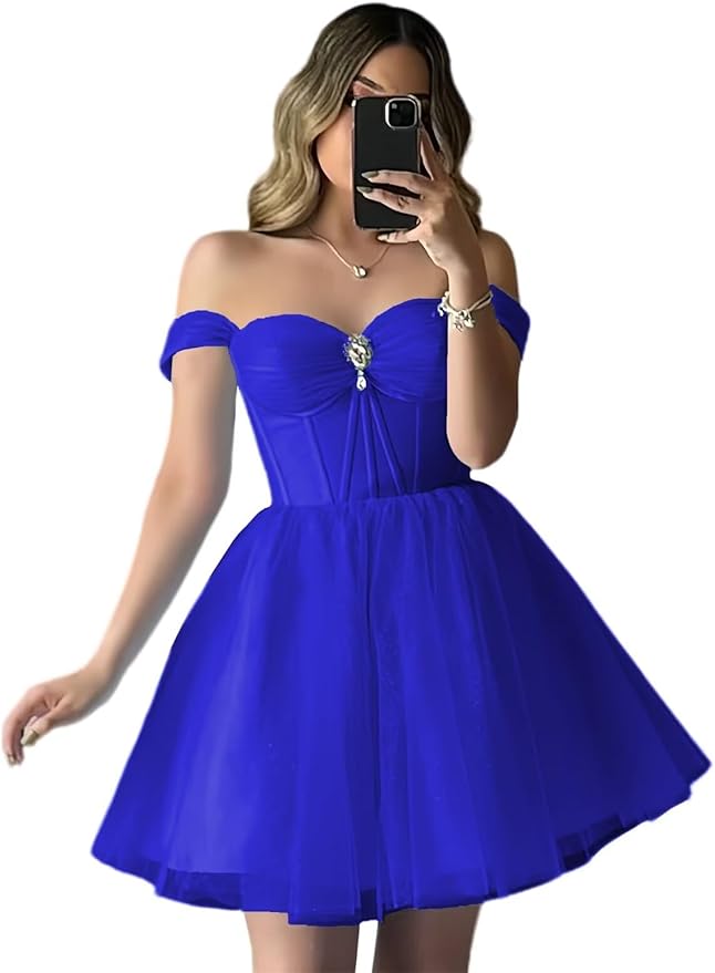 Short Champagne Hoco Dresses for Teens Tulle Off Shoulder Dama Dress
