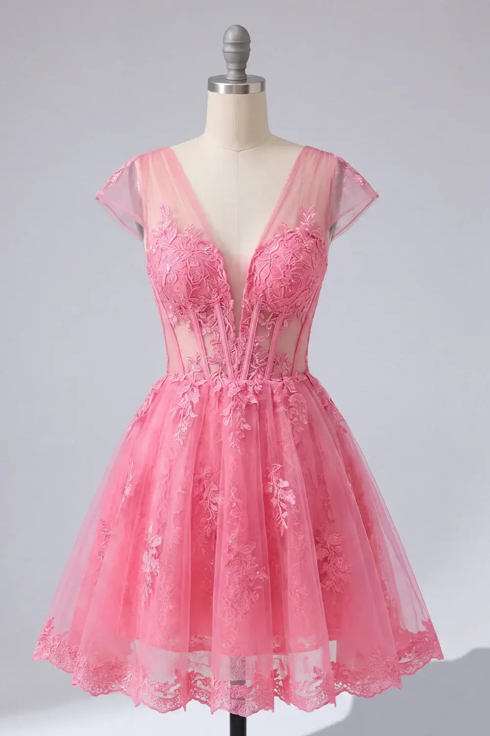 Short Hot Pink Corset Homecoming Dress Lace V-Neck with Sleeves