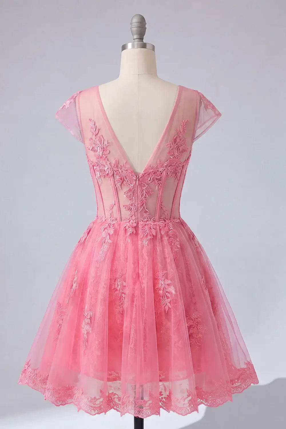 Short Hot Pink Corset Homecoming Dress Lace V-Neck with Sleeves