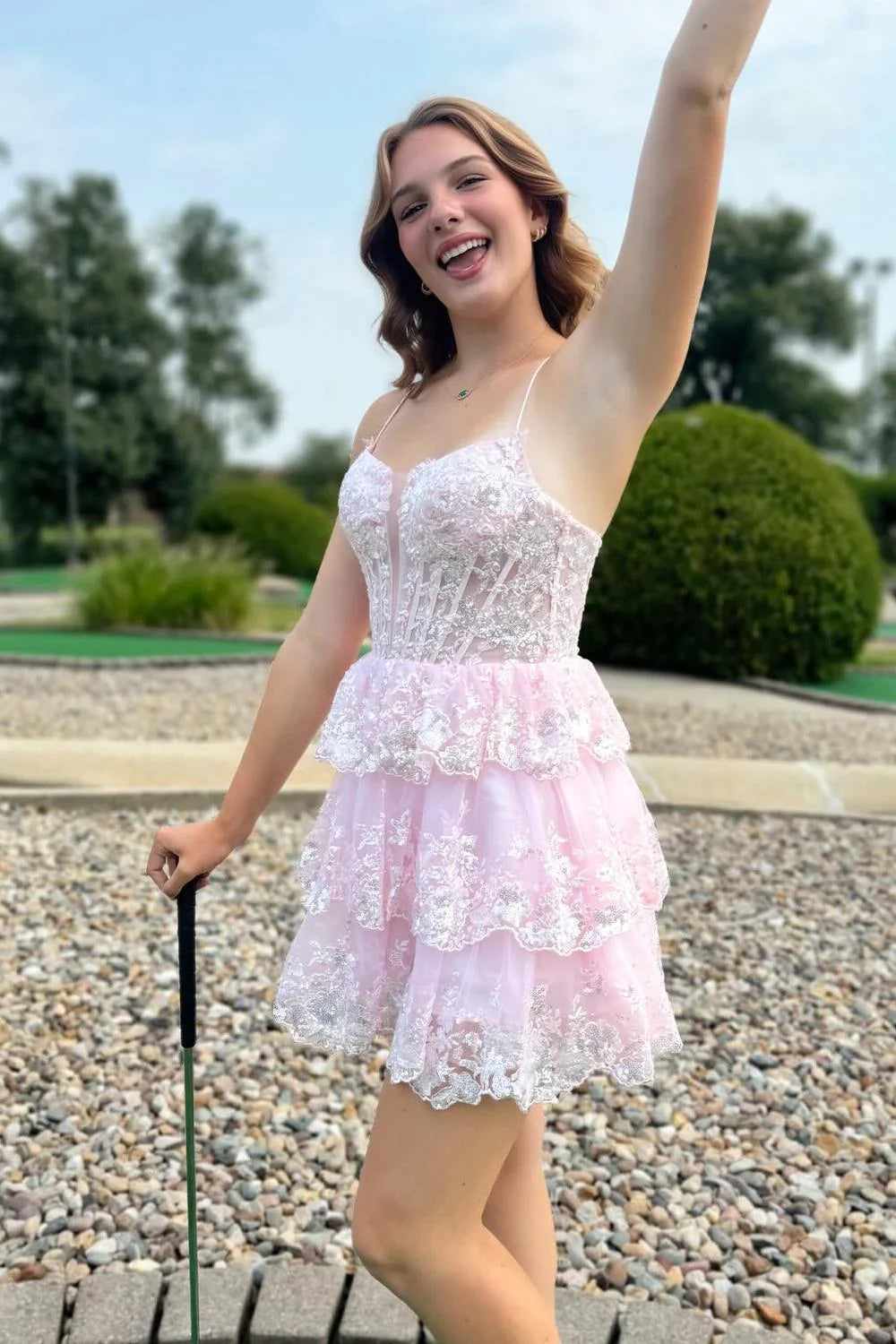 Short Layered pink Homecoming Dresses Ruffles A Line V Neck