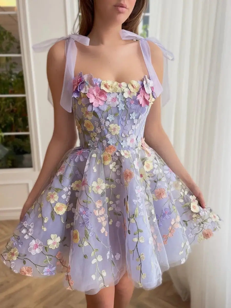 Short Lilac Floral Homecoming Dress Tulle with 3D Flowers