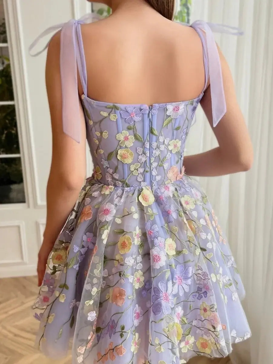 Short Lilac Floral Homecoming Dress Tulle with 3D Flowers