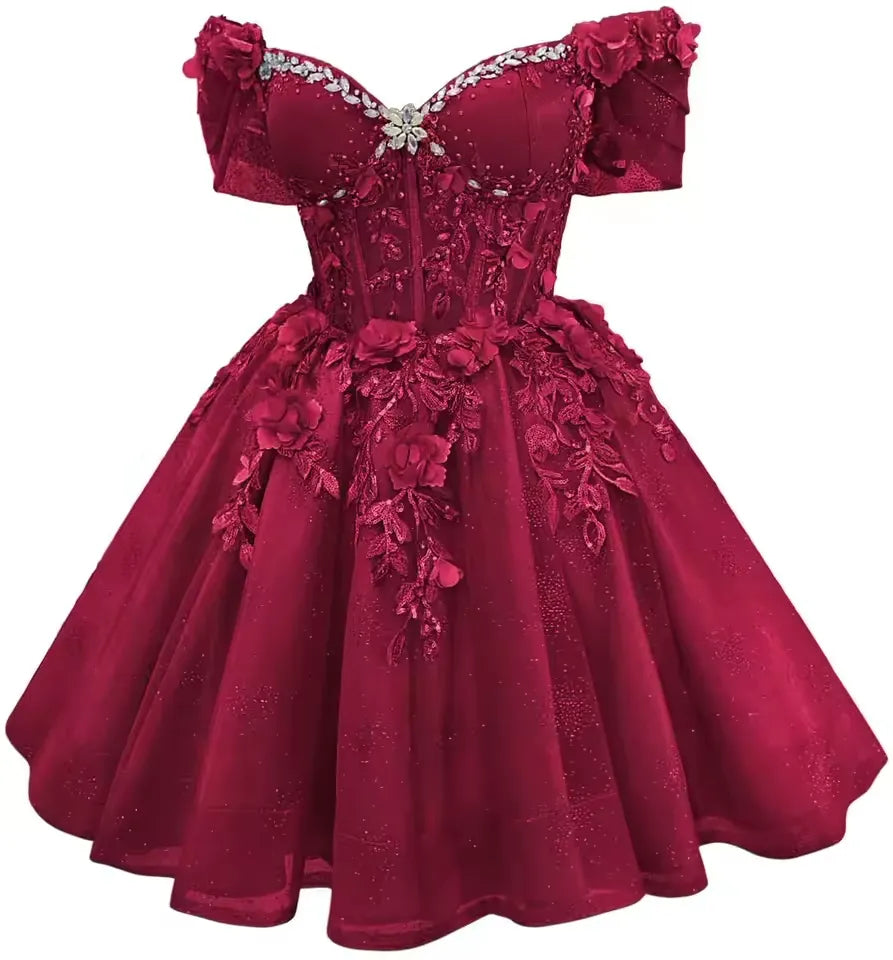 Short Off Shoulder DAMA Dresses Purple Tulle Homecoming Dresses 3D Floral Lace